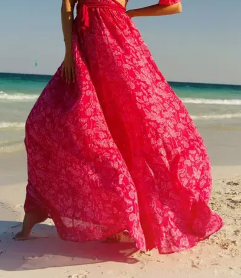 Miguelina Farrah Pink floral bougainvillea maxi skirt XL Boho Romantic Vibrant